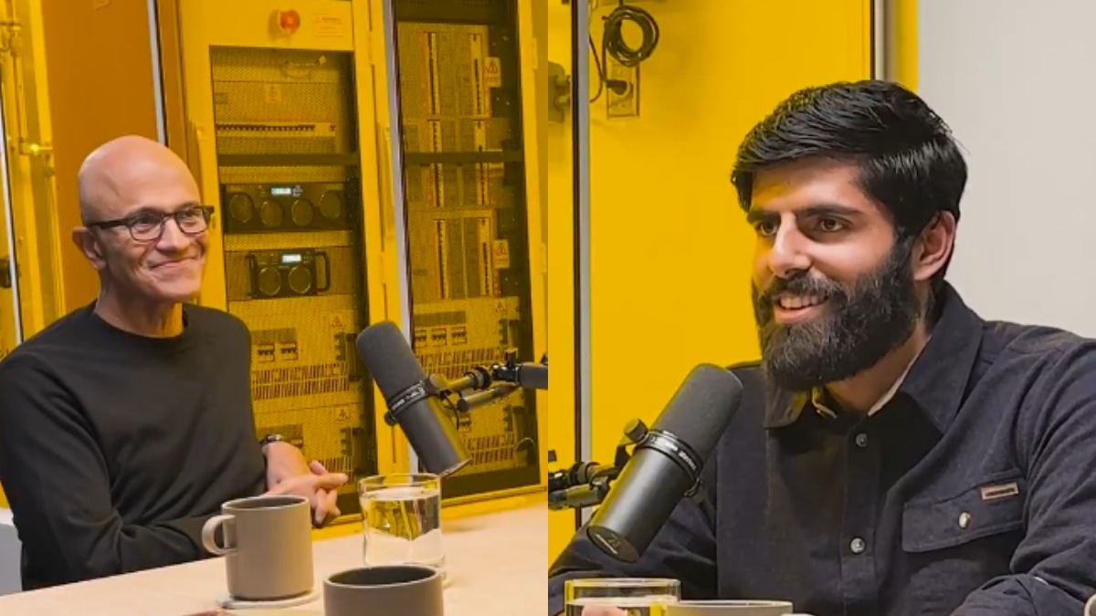 An Indian-origin YouTuber Dwarkesh Patel and Microsoft CEO Satya Nadella. (Image: X)