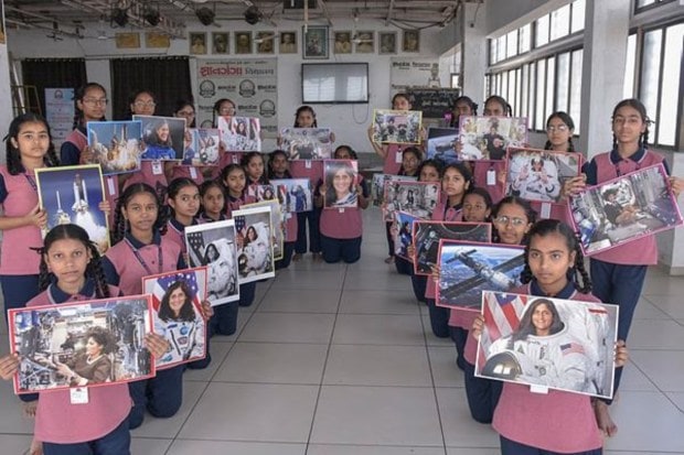 School students celebrate Sunita Williams' safe return to Earth from the International Space Station (ISS) in Surat, Gujarat. (Image Source: PTI)