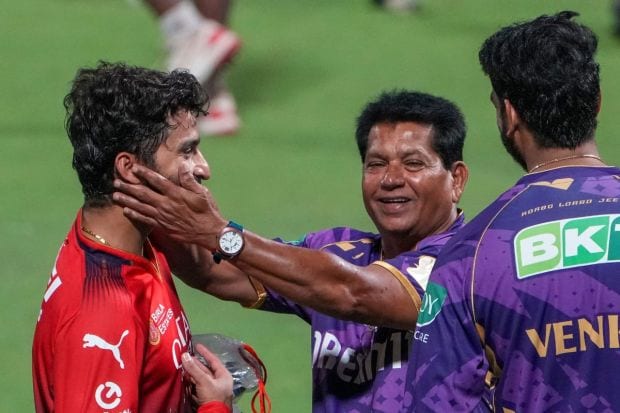 Royal Challengers Bengaluru’s (RCB) captain Rajat Patidar with Kolkata Knight Riders’ (KKR) Venkatesh Iyer and coach Chandrakant Pandit during a practice session displaying true sportsmanship ahead of the IPL 2025. (Image: PTI)