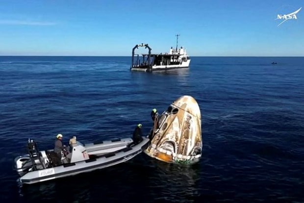 A SpaceX capsule carrying Sunita Williams, Butch Wilmore, and Nick Hague, along with Russian cosmonaut Alexander Gorbunov, after it splashed down in the Gulf of Mexico, off the coast of Florida, USA. (Image Source: PTI)