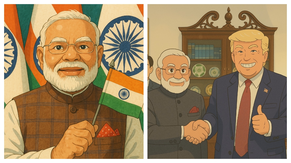 AI-Generated studio Ghibli-Style portraits of Narendra Modi with Trump, Macron. (Image Source: X/@mygovindia)