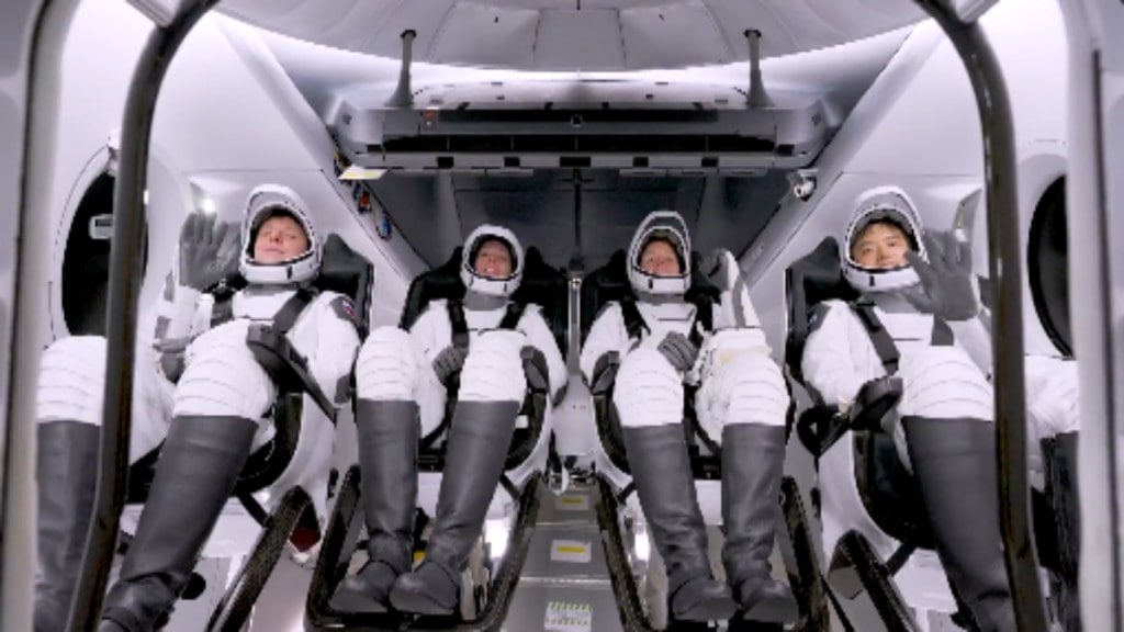 Aboard the Dragon spacecraft are four astronauts: NASA's Anne McClain and Nichole Ayers, Japan's Takuya Onishi, and Russia's Kirill Peskov.
