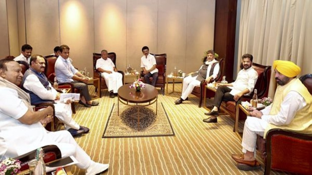 Tamil Nadu Chief Minister MK Stalin, Deputy CM Udhayanidhi Stalin, Kerala CM Pinarayi Vijayan, Telangana CM Revanth Reddy, Punjab CM Bhagwant Mann, Karnataka Deputy CM DK Shivakumar, DMK leader TR Baalu, BRS leader KT Rama Rao and others during the first Joint Action Committee (JAC) meeting of states over the proposed delimitation of Parliamentary seats by the Centre, in Chennai, Saturday, March 22, 2025. (PTI Photo)