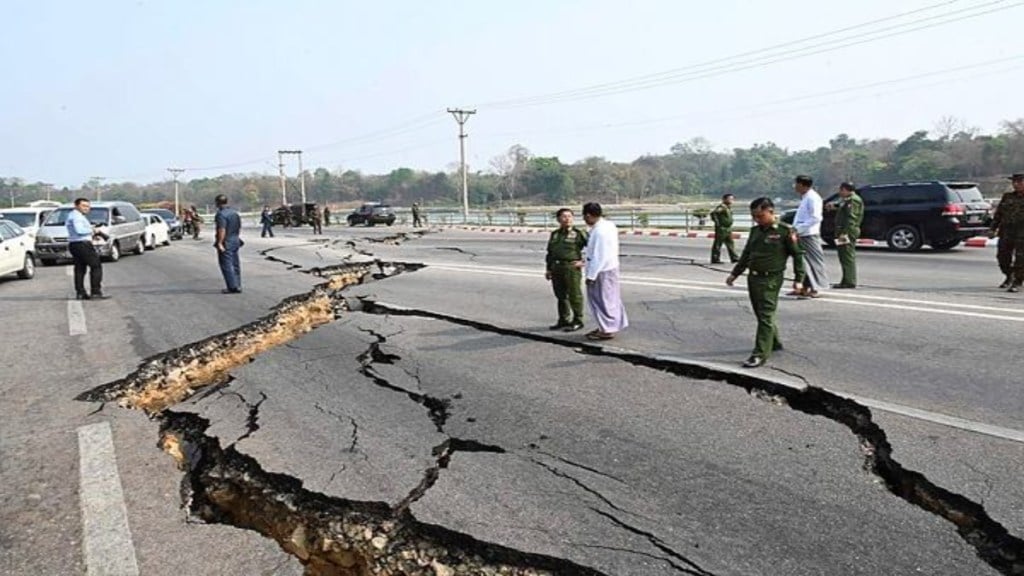 In this image provided by The Myanmar Military True News Information Team, Myanmar's military leader Senior Gen. Min Aung Hlaing, center, inspects damaged road caused by an earthquake Friday, March 28, 2025, in Naypyitaw, Myanmar. (The Myanmar Military True News Information Team via AP)AP/PTI(AP03_28_2025_000504A) In this image provided by The Myanmar Military True News Information Team, Myanmar's military leader Senior Gen. Min Aung Hlaing, center, inspects damaged road caused by an earthquake Friday, March 28, 2025, in Naypyitaw, Myanmar. (The Myanmar Military True News Information Team via AP)AP/PTI(AP03_28_2025_000504A)