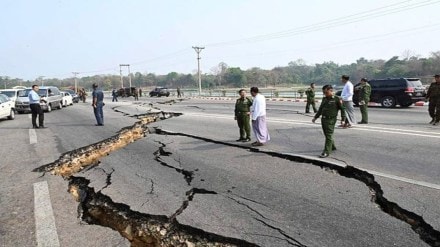 In this image provided by The Myanmar Military True News Information Team, Myanmar's military leader Senior Gen. Min Aung Hlaing, center, inspects damaged road caused by an earthquake Friday, March 28, 2025, in Naypyitaw, Myanmar. (The Myanmar Military True News Information Team via AP)AP/PTI(AP03_28_2025_000504A)
