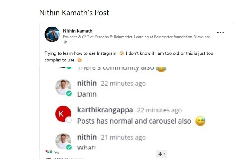 Zerodha CEO Nithin Kamath joins Instagram, shares thoughts on LinkedIn about social media learning