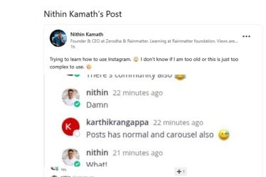 Zerodha CEO Nithin Kamath joins Instagram, shares thoughts on LinkedIn about social media learning 