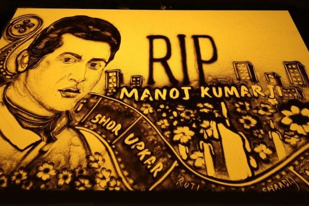 The legendary actor Manoj Kumar was honoured through sand artist,Manas Kumar Sahu. (Image: ANI)