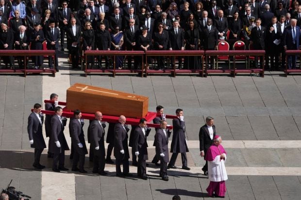 The coffin of Pope Francis was being carried by 14 pall bearers. A staggering 164 official delegations attended including 54 heads of state and 12 reigning sovereigns. (Image: AP)