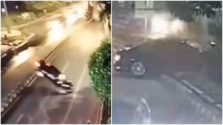 Car jumps off from bridge in Indonesia