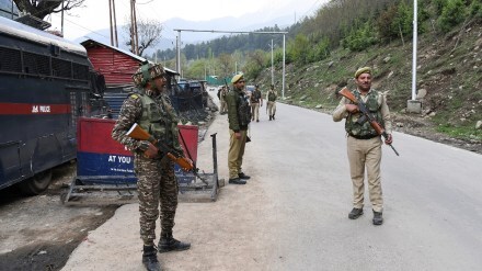 Security personnel stand guard at the site of the incident after terrorists attacked tourists in Pahalgam, Jammu and Kashmir, on Tuesday. (ANI Photo)