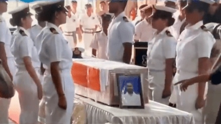 Pahalgam terror attack: The image shows the military honour which was given to the Indian Navy officer who was killed in the April 22 attack in the Valley. Pahalgam terror attack: The image shows the military honour which was given to the Indian Navy officer who was killed in the April 22 attack in the Valley.