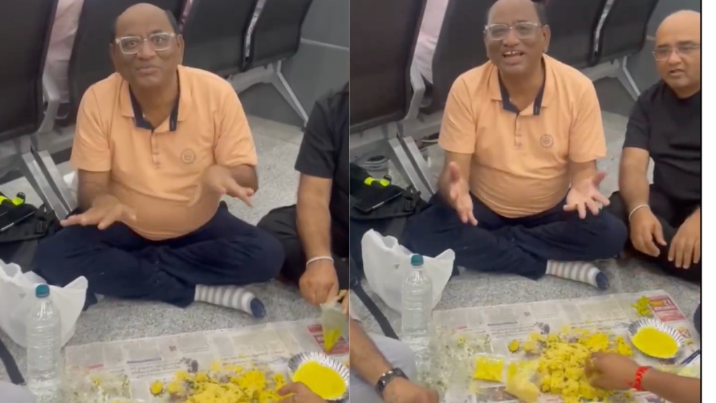 Gujarati actor Hitesh Thakkar was seen enjoying popular snack, khaman, with his friends at the Surat Airport.