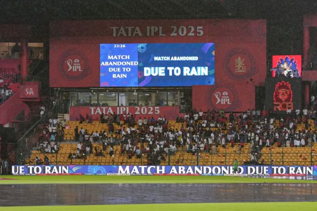 In Jaipur, after the IPL 2025 resumed after ten days, the clash between the Royal Challengers Bengaluru and Kolkata Knight Riders had to be abandoned even before the toss. Both teams shared a point. (Image: PTI)