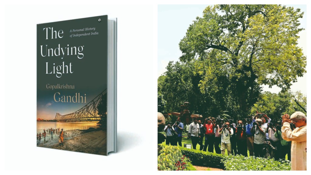 A file image of Gopalkrishna Gandhi paying tribute to the statue of Mahatma Gandhi in the precincts of Parliament House in New Delhi. What makes the events covered in the book immensely readable are the lived experiences of the author, imparting an intimate flavour. Photo credit: Express archives