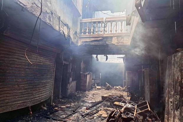 A view of the charred remains after a fire broke out at the Gulzar House near Charminar. (Photo source: ANI)