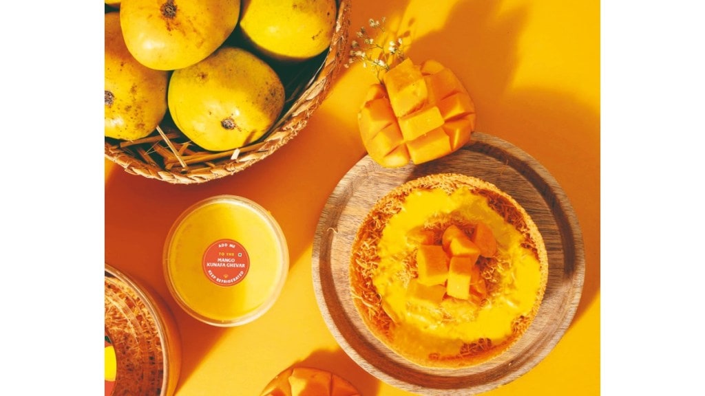 Mango Kunafa Ghevar with Mango rabdi at Bombay sweet. (Image Source: Fe)