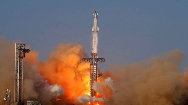 SpaceX's next-generation Starship spacecraft atop its Super Heavy booster is launched on its ninth test at the company's launch pad in Starbase. (Photo source: AP).