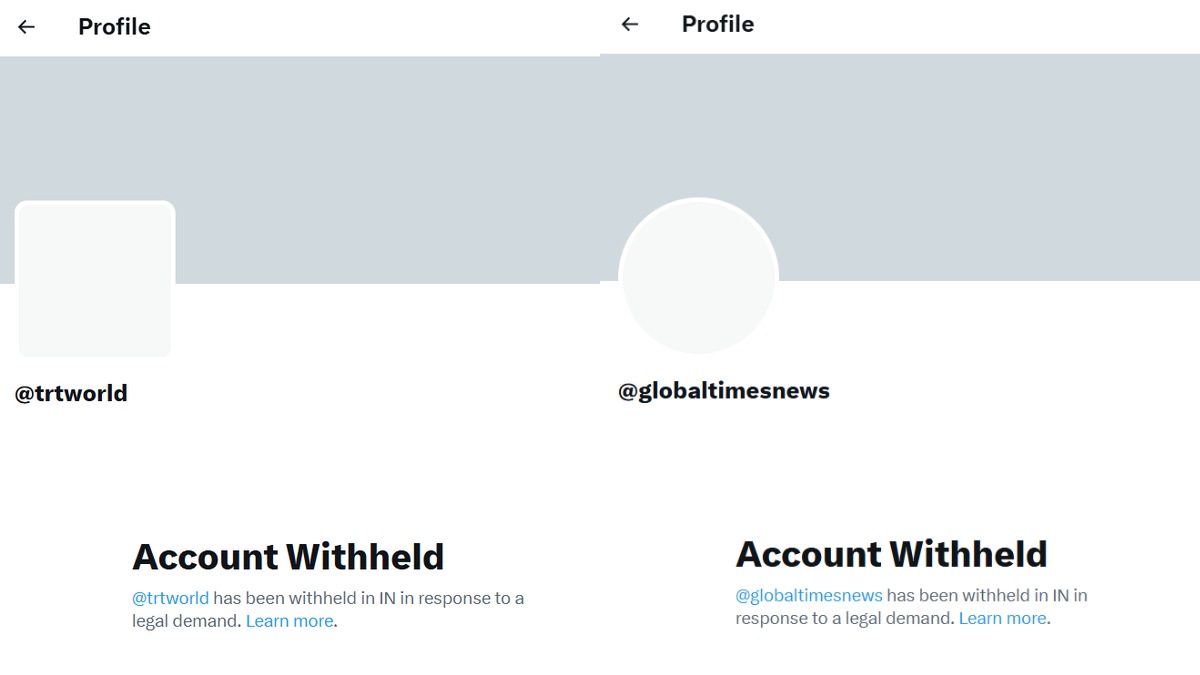 India bans X accounts: If one accesses the X accounts of Chinese and Turkish broadcasters, they say “account withheld in India in response to a legal demand”.