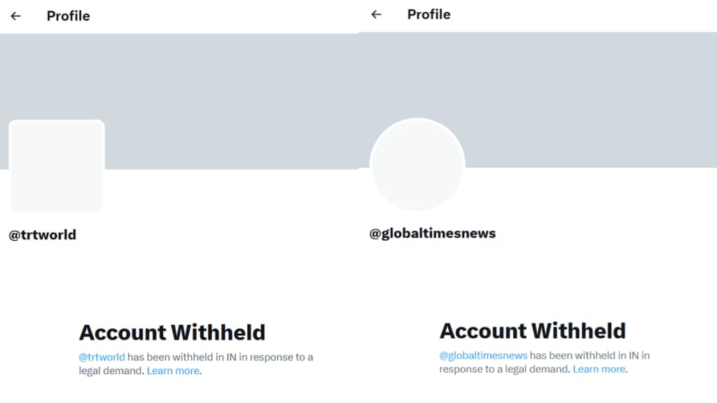 India bans X accounts: If one accesses the X accounts of Chinese and Turkish broadcasters, they say “account withheld in India in response to a legal demand”.