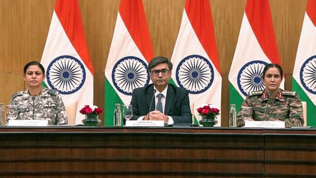 (L-R) Wing Commander Vyomika Singh, Foreign Secretary Vikram Misri, and Colonel Sofiya Qureshi at a Ministry of External Affairs press briefing on Operation Sindoor, in New Delhi on Thursday. (ANI Photo) (L-R) Wing Commander Vyomika Singh, Foreign Secretary Vikram Misri, and Colonel Sofiya Qureshi at a Ministry of External Affairs press briefing on Operation Sindoor, in New Delhi on Thursday. (ANI Photo)