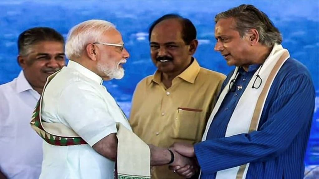 Prime Minister Narendra Modi exchanges greetings with Congress MP Shashi Tharoor at the inauguration of Vizhinjam International Deepwater Multipurpose Seaport, in Thiruvananthapuram on Friday. (ANI Photo)