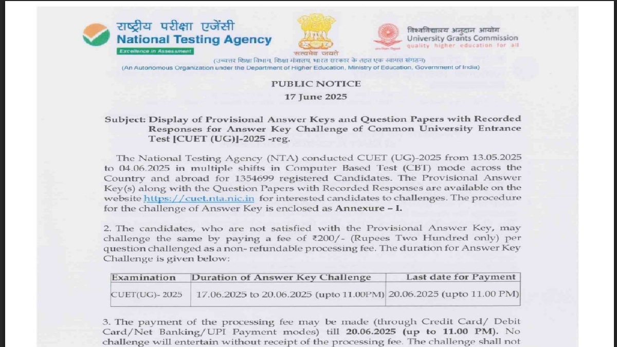 NTA Releases CUET UG 2025 Answer Key; Objection Window Open Until June 20. Image Source: (Govt agency)
