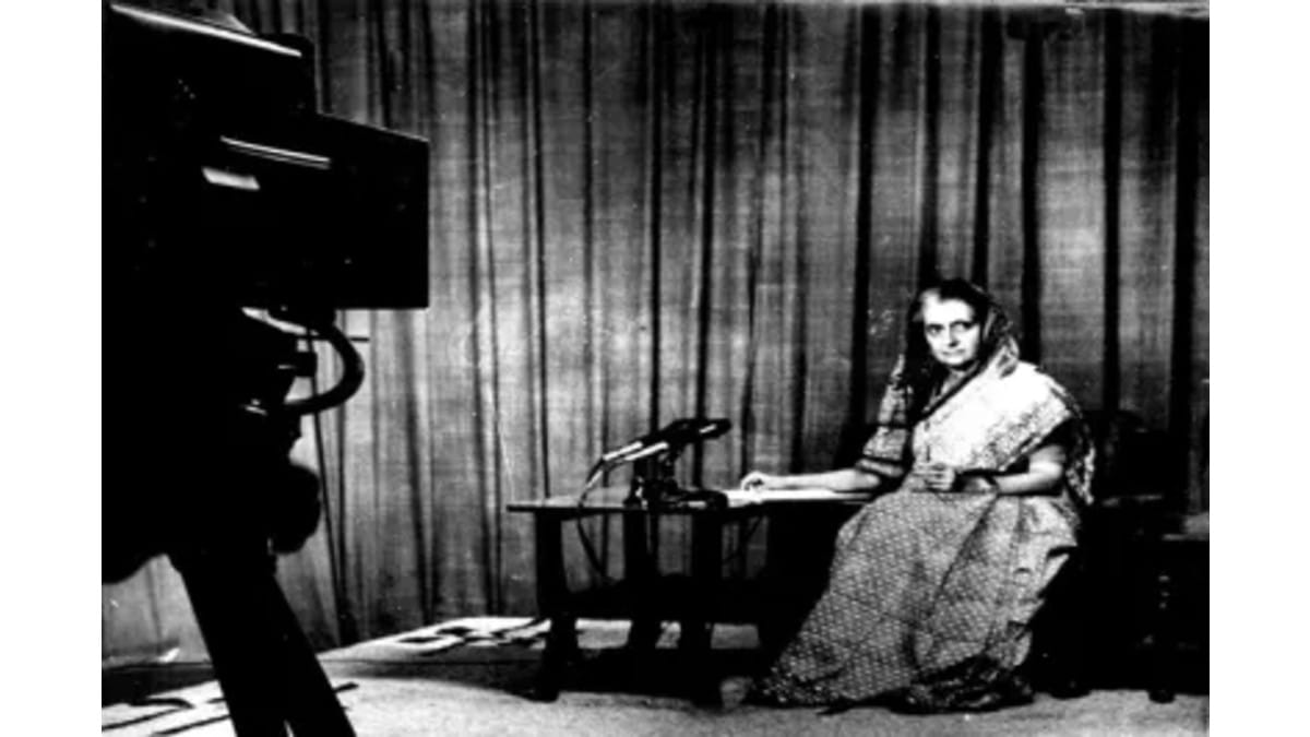 Prime Minister Indira Gandhi addressing the nation from the Doordarshan studio during Emergency. / Express archive photo August, 1975"