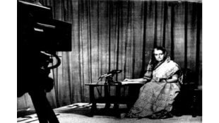 Prime Minister Indira Gandhi addressing the nation from the Doordarshan studio during Emergency. / Express archive photo August, 1975"
