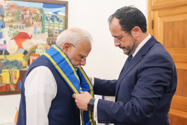 Prime Minister Narendra Modi receives Cyprus's highest honour, 'The Grand Cross of the Order of Makarios III,' from Cyprus President Nikos Christodoulides. He dedicated the award to the friendship between India and Cyprus. (Photo Source - ANI)
