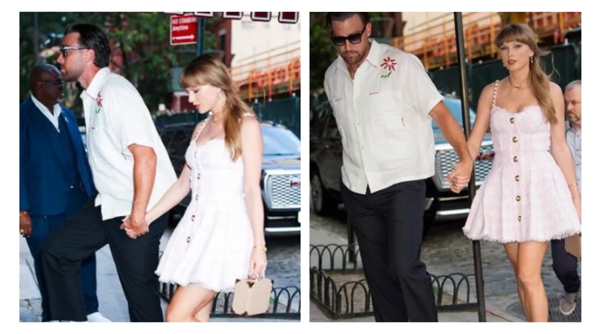 Swift, 35, embraced summer glam in a pink-and-white tweed Balmain minidress priced at $3500. Swift, 35, embraced summer glam in a pink-and-white tweed Balmain minidress priced at $3500.