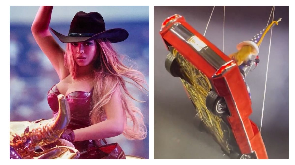 During a rendition of her track “16 Carriages,” Beyoncé was being carried through the air in a red Cadillac set piece when the car began to tilt alarmingly as it turned a corner above the crowd. During a rendition of her track “16 Carriages,” Beyoncé was being carried through the air in a red Cadillac set piece when the car began to tilt alarmingly as it turned a corner above the crowd.