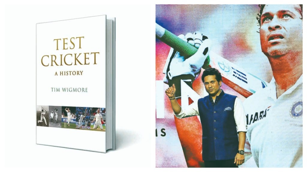 Book Cover (Left) and a file photo of cricket legend Sachin Tendulkar in Mumbai. In the book, there are chapters on different cricketers, including Tendulkar, from across geographies and time periods. / EXPRESS ARCHIVES