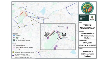 Traffic advisory issued for the 5 PM celebration at Chinnaswamy stadium . (Image Source: @blrcitytraffic) Traffic advisory issued for the 5 PM celebration at Chinnaswamy stadium . (Image Source: @blrcitytraffic)