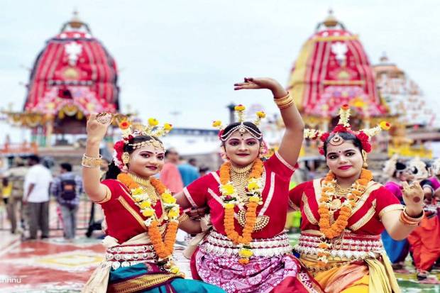 Odissi artists pose for a picture on the occasion of the annual Rath Yatra of Lord Jagannath, in Puri. (Photo source: ANI)