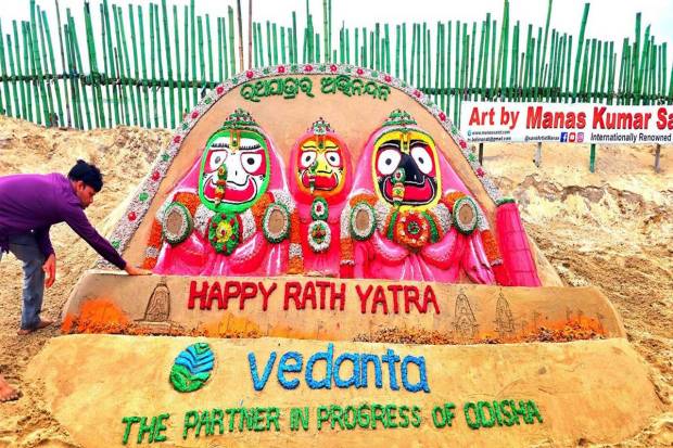 Sand artist Manas Kumar Sahoo creates a sand art on the occasion of Rath Yatra, in Puri on Thursday.