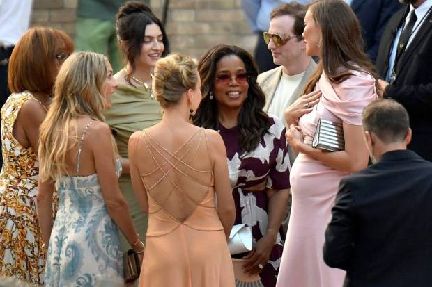 Oprah Winfrey, center right, arrives in Venice, Italy, Thursday, June 26, 2025, ahead of Jeff Bezos' wedding. (Photo source: AP)