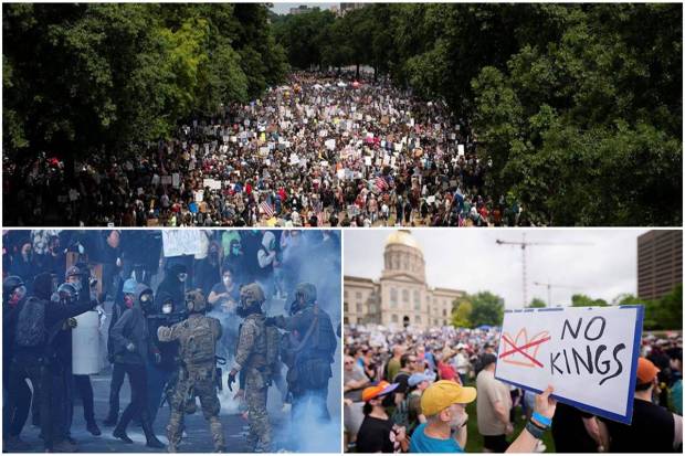 From coast to coast, Americans took to the streets in a sweeping wave of “No King” protests, timed to coincide with President Donald Trump’s 79th birthday and Flag Day. Tens of thousands rallied across major cities including Washington DC, New York, Los Angeles, and Philadelphia demanding the defence of democratic values and voicing strong opposition to what they view as rising authoritarianism under Trump’s leadership. Protesters carried placards, chanted slogans, and displayed provocative imagery such as upside-down American flags and golden toilet caricatures of Trump. Messages like “We Don’t Do Kings” and “Fight Oligarchy” echoed through the streets. While the majority of demonstrations were peaceful, some escalated into tense confrontations with law enforcement, resulting in arrests. The protests followed a week of national unrest fuelled by immigration raids and controversial military deployments. This gallery captures the emotion, defiance, and urgency of Americans speaking out against perceived threats to democracy. 