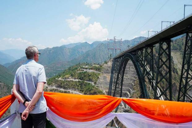 Jammu and Kashmir Chief Minister Omar Abdullah at the Chenab Bridge. (Photo source: PTI)