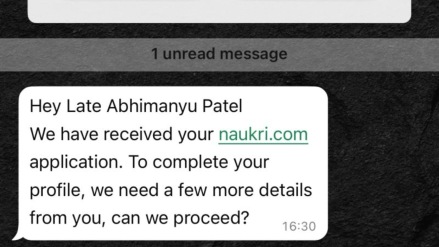 The man’s widow shared a screenshot of the WhatsApp message from Naukri.com on LinkedIn, calling out the platform for its “insensitive” and distressing communication.