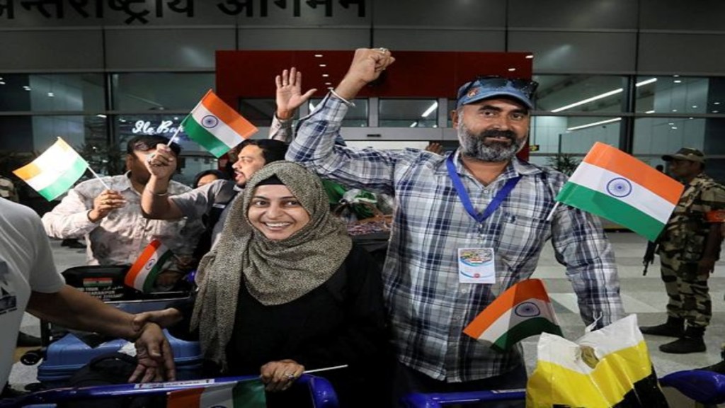 Indian students returning from Mashhad, Iran, as part of the government's Operation Sindhu, react after meeting their relatives at the Indira Gandhi International Airport, in New Delhi, Saturday, June 21, 2025. A flight from Mashhad, Iran, carrying 290 Indian students, mostly from Jammu and Kashmir, landed at the Delhi Airport late Friday. (PTI Photo)