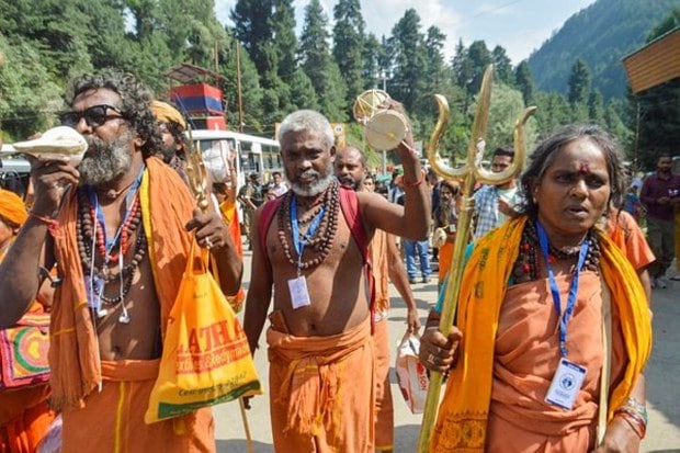 The first group of pilgrims heading for the annual Amarnath Yatra arrives at the Nunwan Base Camp in Anantnag, J&K, on Wednesday, July 2, 2025. (Image Source: PTI)
