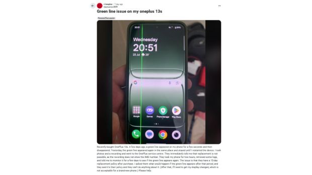 OnePlus 13s user spots green line on display, documents glitch on reddit; Company responds