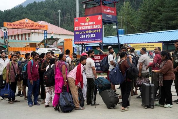 The first group of Amarnath-bound pilgrims arrives at the Nunwan Base Camp in Pahalgam, Anantnag, J&K, on Wednesday, July 2, 2025. (Image Source: PTI)