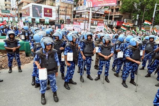 Rapid Action Force (RAF) personnel were on guard in Patna on Wednesday as left party supporters participated in a Bharat Bandh protest. (Image Source: ANI)