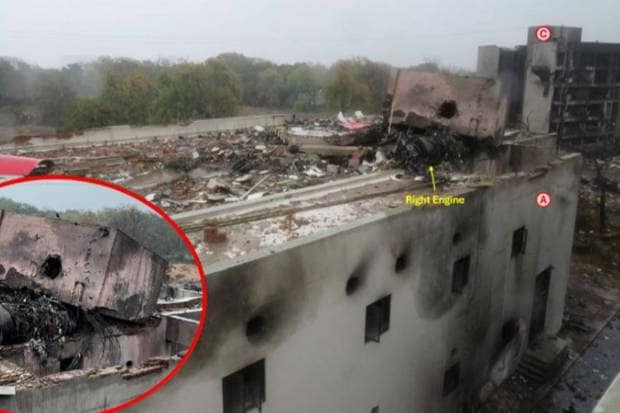 The right engine got separated after hitting a water tank on the top of building A. It came down under the structure, aligned southwest of the flight crash path. (Photo source: AAIB)