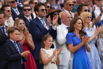 Britain's Kate, Princess of Wales, right, Prince George, left, and Princess Charlotte applaud as they watch Jannik Sinner of Italy and Carlos Alcaraz of Spain during their men's singles final match at the Wimbledon Tennis Championships in London (Photo: AP)