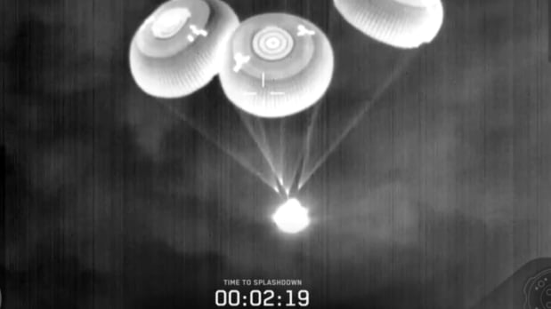 The dagon capsule's four main parachutes were deployed 4 minutes before the capsule's splashdown in the pacific