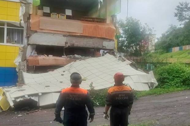 In this image taken from a video released by Russian Emergency Ministry Press Service, rescuers inspect a kindergarten damaged by an earthquake in Petropavlovsk-Kamchatsky, Russia, Wednesday, July 30, 2025. (Photo source: AP)