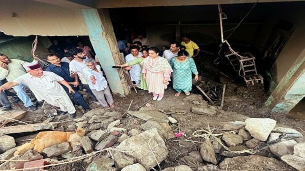 BJP MP Kangana Ranaut visits the areas affected by disaster to asses the damages, at Karsog in Mandi on Sunday. (@KanganaTeam X/ANI Photo)